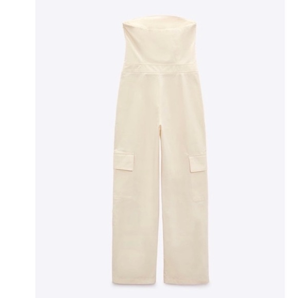 NWT Zara Strapless Wide Leg Cargo Jumpsuit in Off-White - Picture 13 of 16